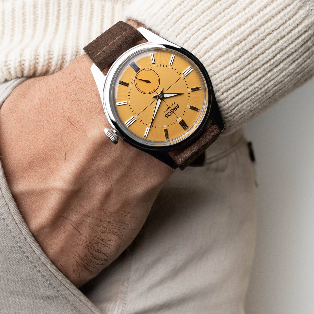 Apollo III - Cadmium Yellow Silver w/ Brown Leather Strap