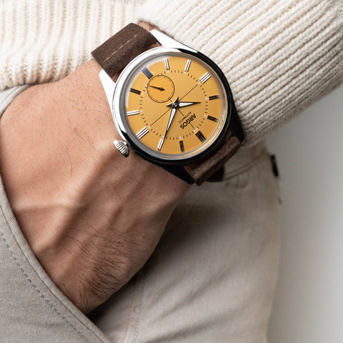 AP3.14 - Cadmium Yellow Silver w/ Brown Leather Strap